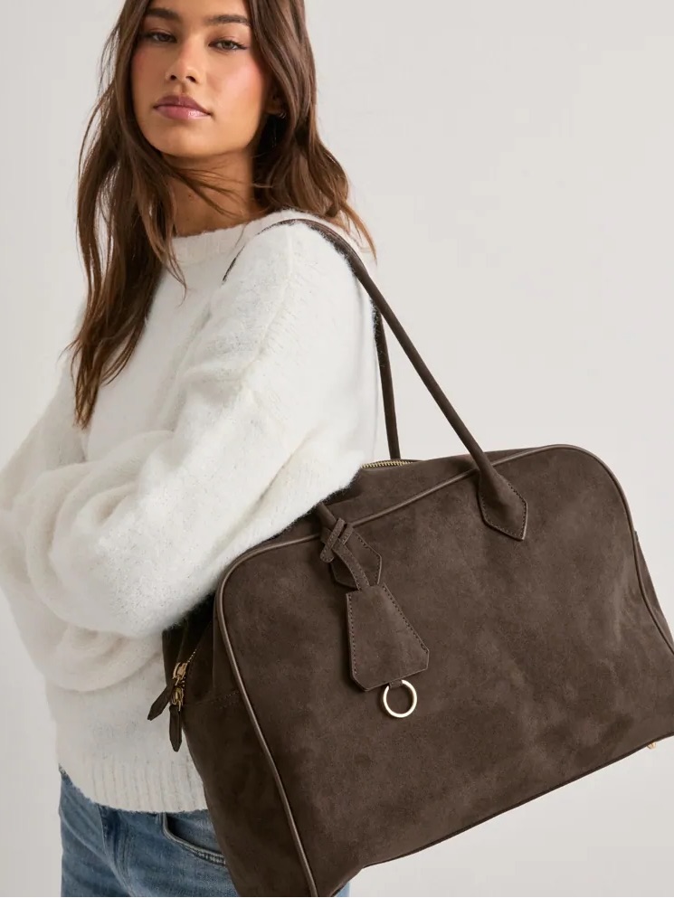 Nelly Bowling Key Bag, Faux Suede Large Zipper Tote, Brown, Like New, 20x17